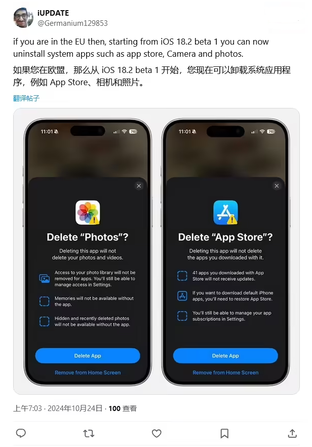 东风苹果手机维修分享iOS 18.2 支持删除 App Store 应用商店 